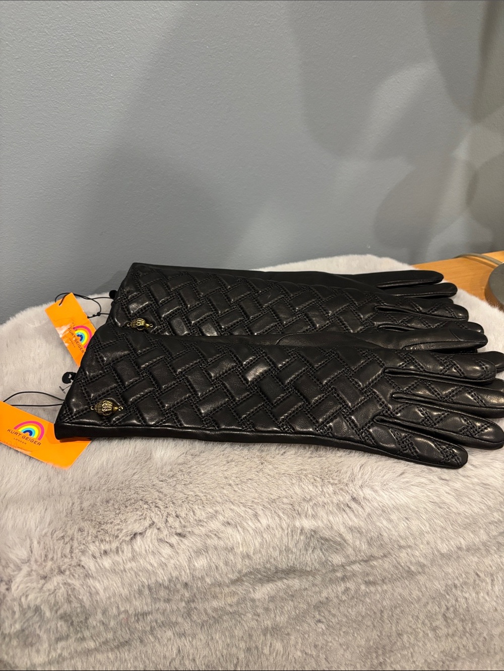 Kurt Geiger Black Quilted Leather Long Gloves with Gold Accent. 2pair